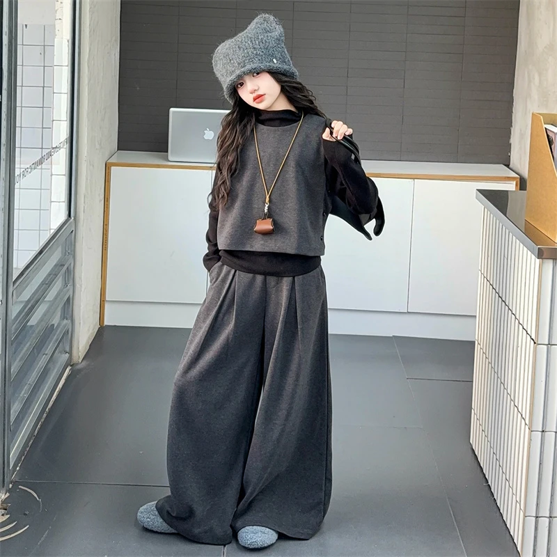 女童韩系高级感穿搭套装2025新款女孩秋冬洋气加厚毛呢马甲三件套