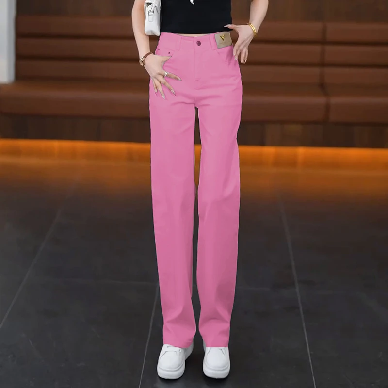 玫红色牛仔直筒裤女夏季薄款2025新款高腰显瘦休闲裤子窄版阔腿裤