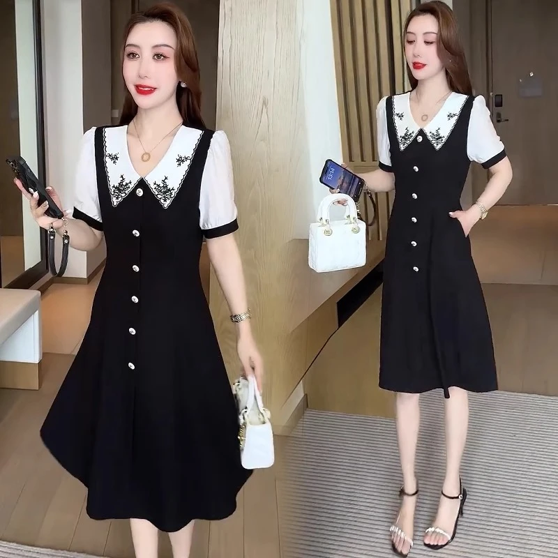 时尚拼接连衣裙女2025夏季新款假两件小黑裙超好看独特漂亮裙子潮