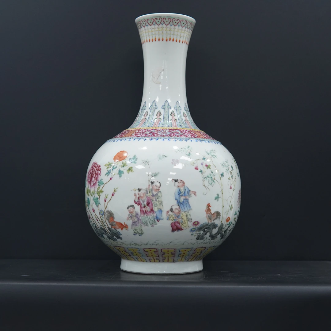 XJ00012料彩五子斗鸡婴戏图赏瓶