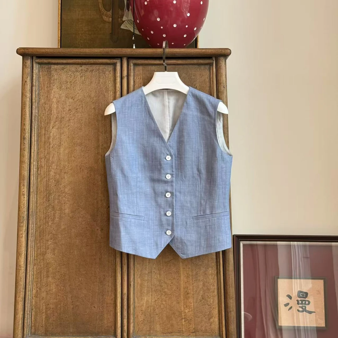 MYL 2025年夏季新款亚麻混纺蓝色马甲西装感马甲休闲V领马夹