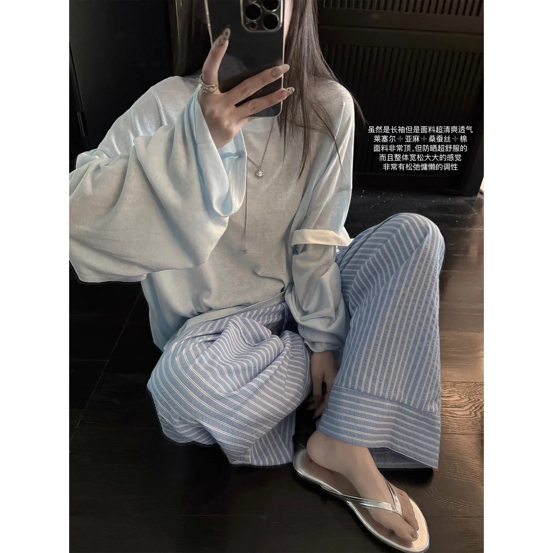 天丝桑蚕丝亚麻雪花棉清爽透气宽松圆领长袖防晒T恤韩系宽松上衣