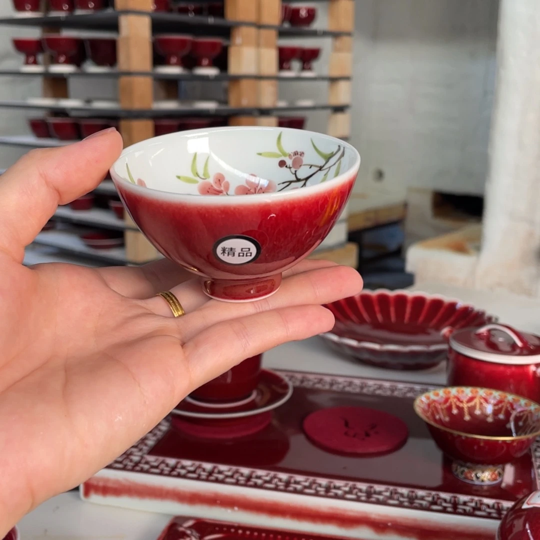 清欢雅玩原矿郎红内绘精品桃花鸡心杯