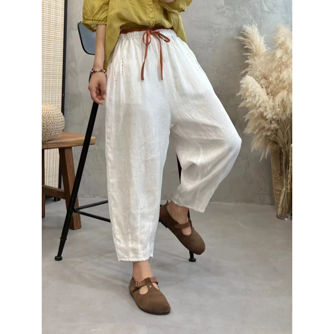 裤腰撞色刺绣 九分裤松紧腰亚麻宽松大版休闲裤阔腿 轻薄透气夏季