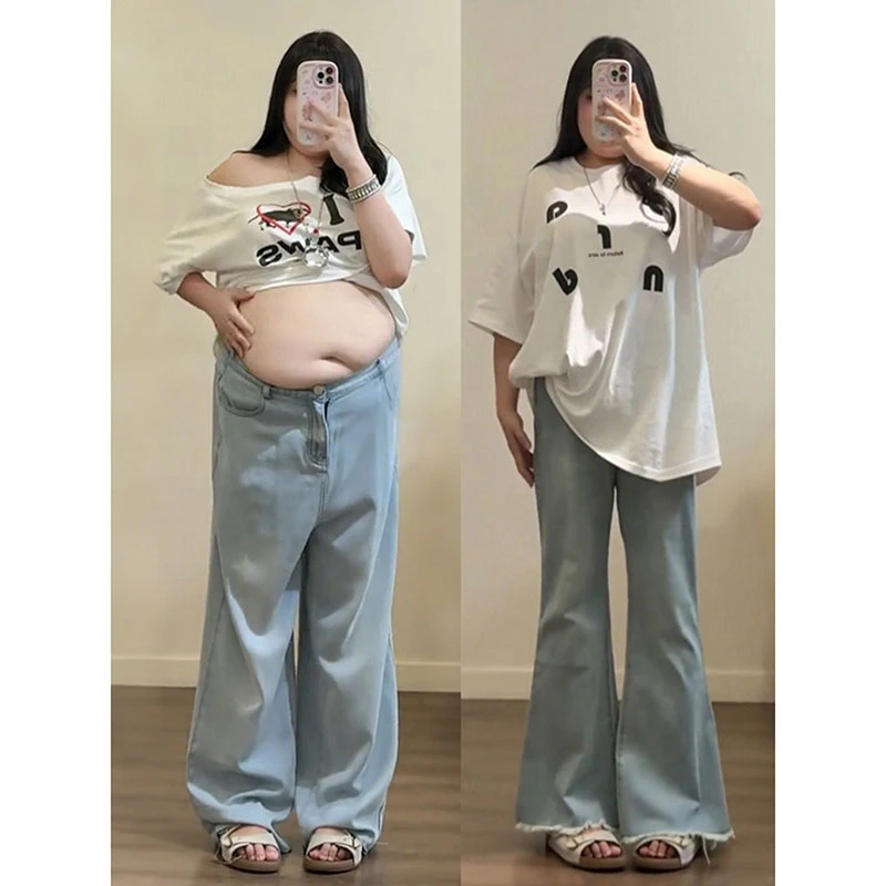 美式复古毛边微喇牛仔裤女秋季新款特大码胖mm宽松显瘦阔腿喇叭裤