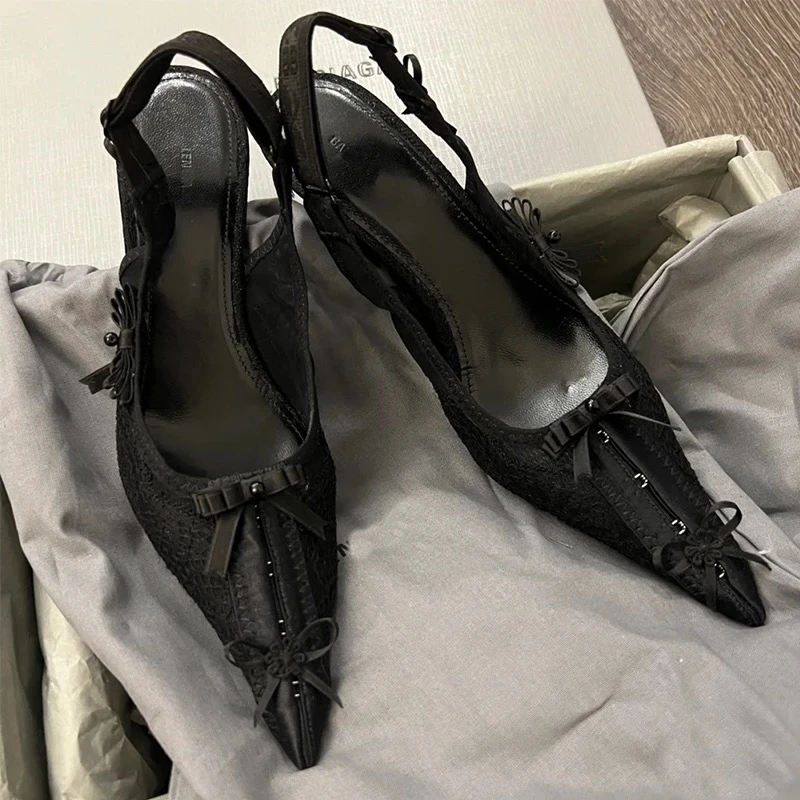 蝴蝶结尖头高跟鞋女法式包头凉鞋细跟后空性感单鞋夏季浅口高跟鞋