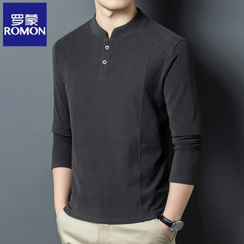 罗蒙秋冬季双面德绒打底衫男士亨利领潮流百搭长袖T恤立领卫衣男
