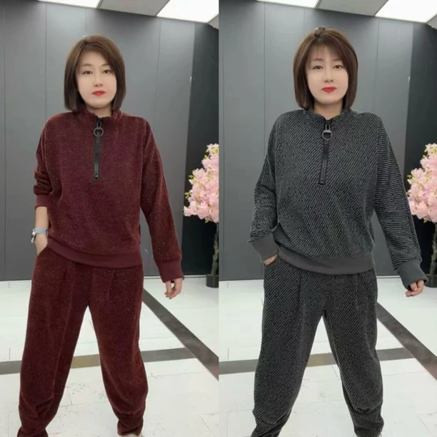 2502*时尚大码春秋减龄百搭宽松休闲洋气精品上衣+裤子套装