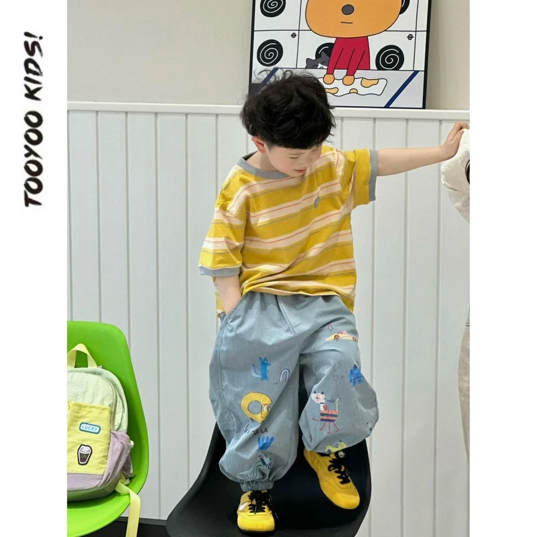 儿童套装2025夏季新款条纹短袖T袖满印印花时尚韩版防蚊裤两件套