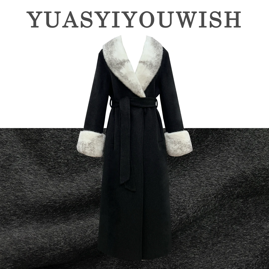 YUASYIYOUWISH|“云墨”重奢大翻领可拆卸皮草山羊绒大衣