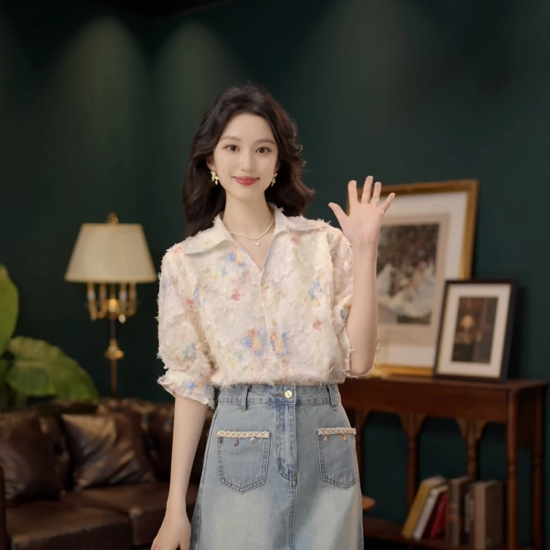 琦琦【水仙涟漪】甜美衬衫休闲百搭短袖衬衫女夏季上衣YF1162504