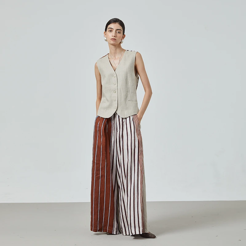 AB面 条纹反转 条纹控必入马甲AB面条纹松紧腰长裤