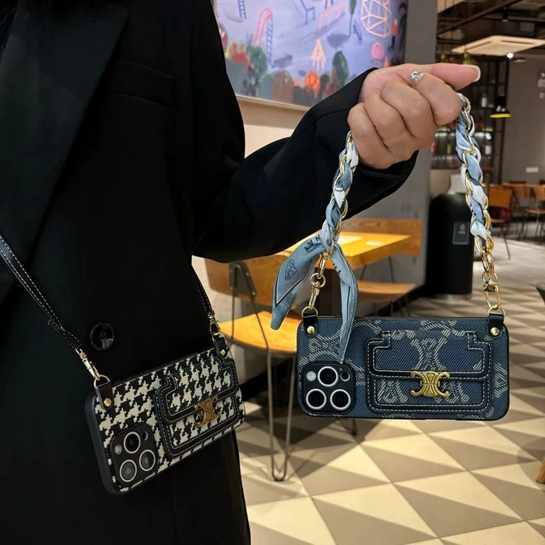 潮牌手机壳适用苹果华为小米三星vivo荣耀千鸟格斜挎卡包保护套