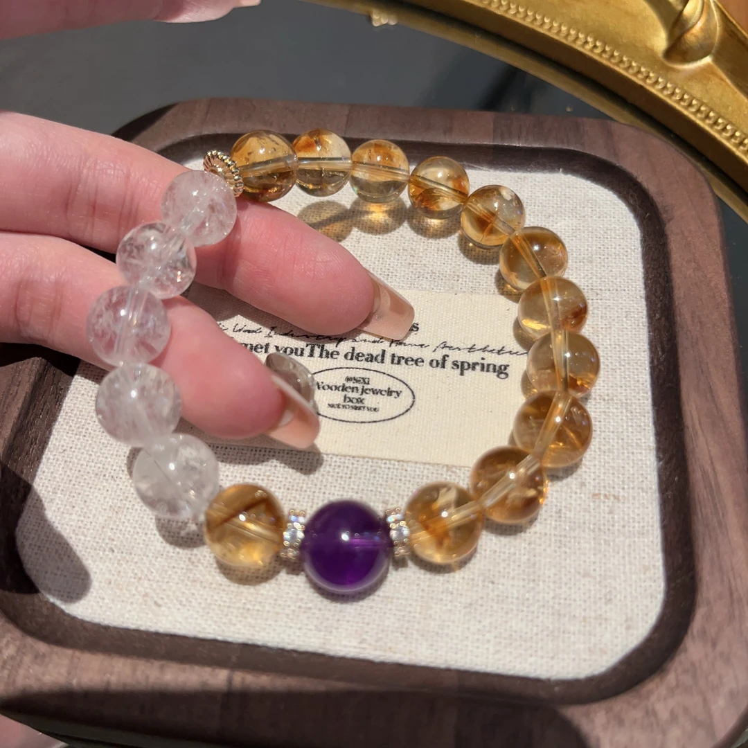 【黄紫CP】黄阿赛10mm+白阿赛10mm+顶珠紫水晶11mm 天然水晶串 A059