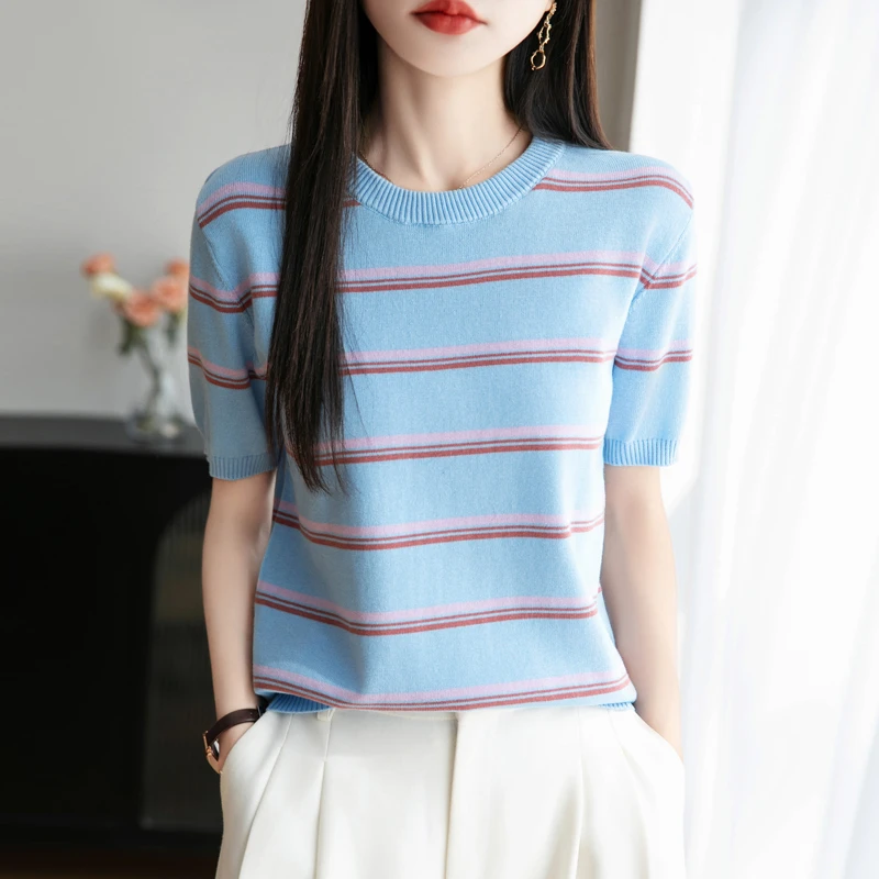 不起球100%纯棉拼色条纹圆领针织短袖百搭显瘦T恤