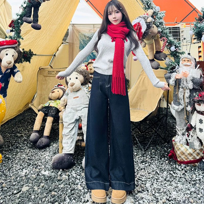 丹宁蓝阔腿牛仔裤女高腰显瘦2025流行裤子宽松直筒裤梨型身材百搭