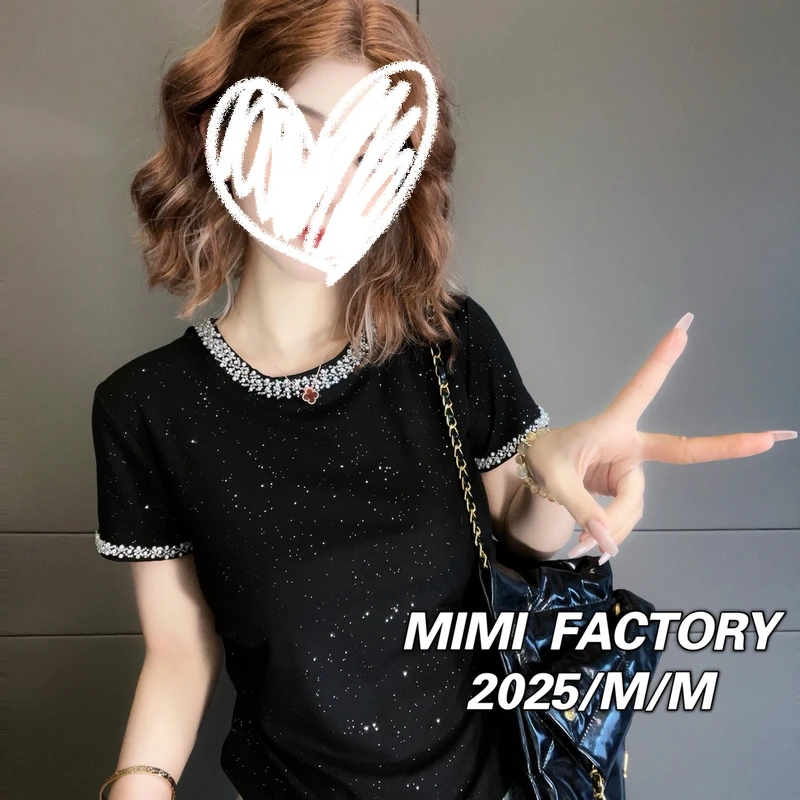 芈芈2025新款欧货棉T 时尚满天星短袖T恤女收腰褶皱显瘦上衣3256#