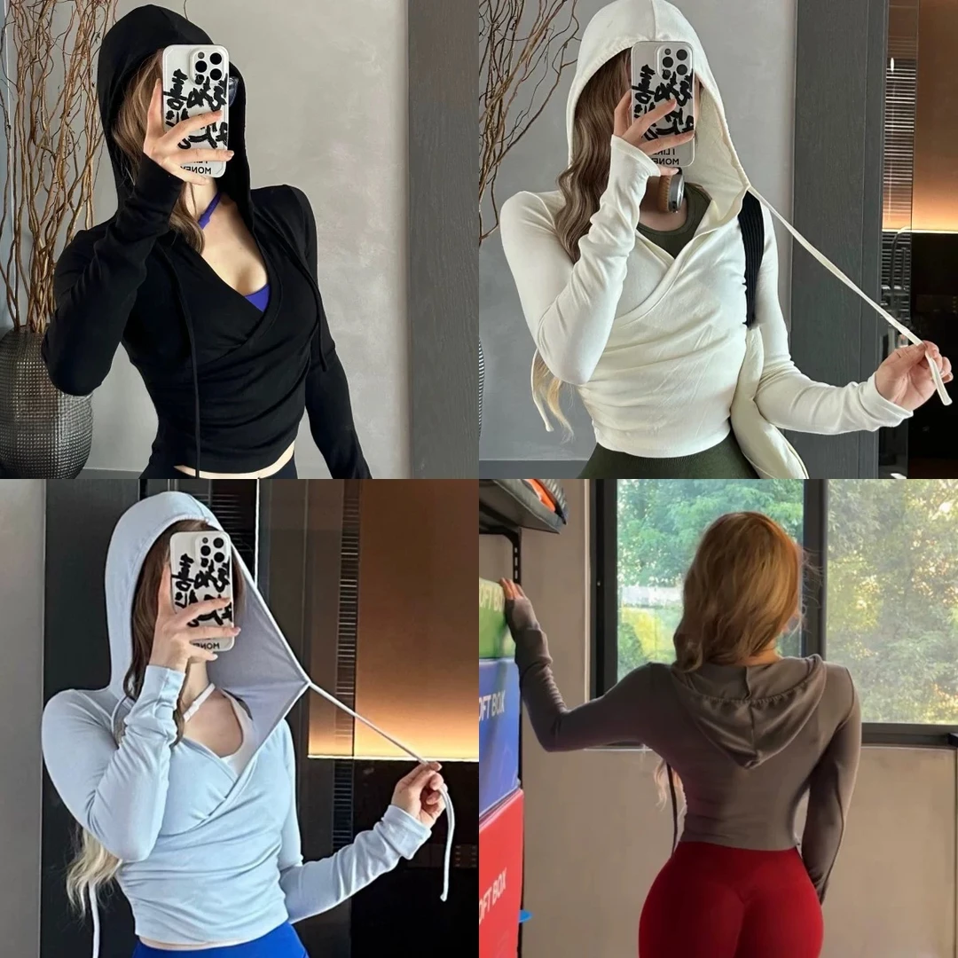 秋冬连帽V领运动上衣女跑步训练健身服户外休闲瑜伽长袖修身显瘦