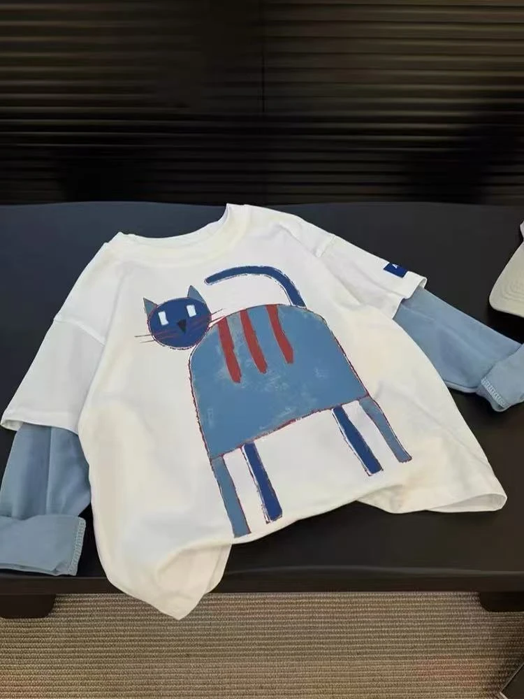 男童韩版撞色设计感打底衫儿童春秋装2025新款儿童假两件宽松上衣