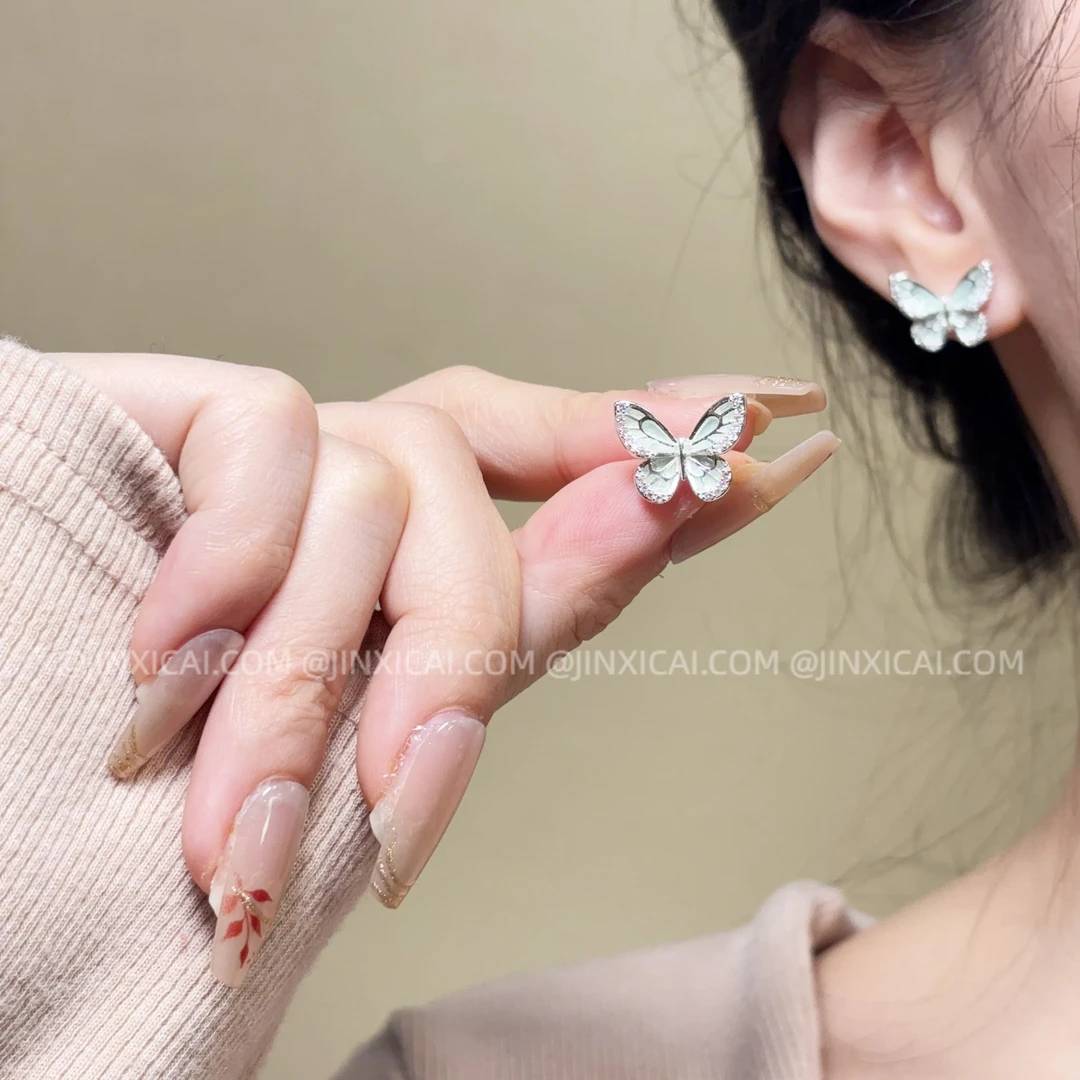 合金耳饰 【幽兰蝴蝶】JXC金喜彩复古甜美薄荷绿滴釉镶钻耳钉6127