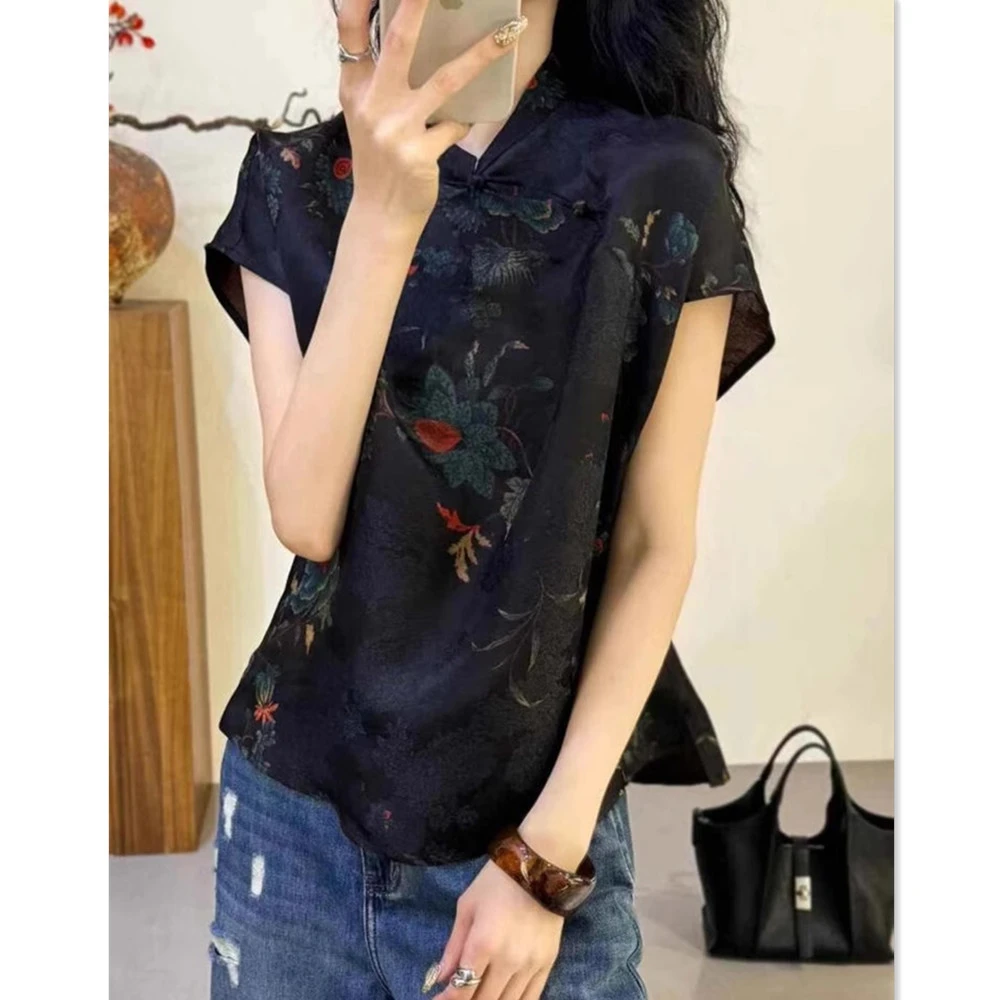 新中式复古改良旗袍黑色短袖衬衫2025夏季国风洋气减龄t恤衫上衣