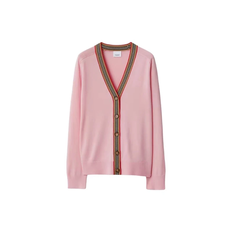 Burberry/博柏利女士粉色羊毛条纹饰边单排扣合身V领开衫80843271