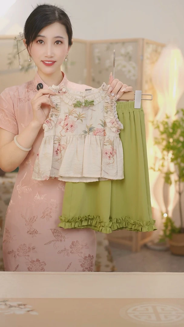 现货【桃花坞】上衣短款     SC116女童夏季2025新款套装九分裤套装