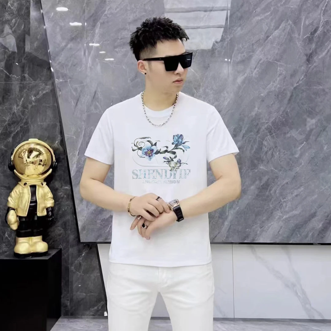 A88018【轻奢欧版】男士夏季潮牌高品质修身款印花圆领休闲百搭短袖