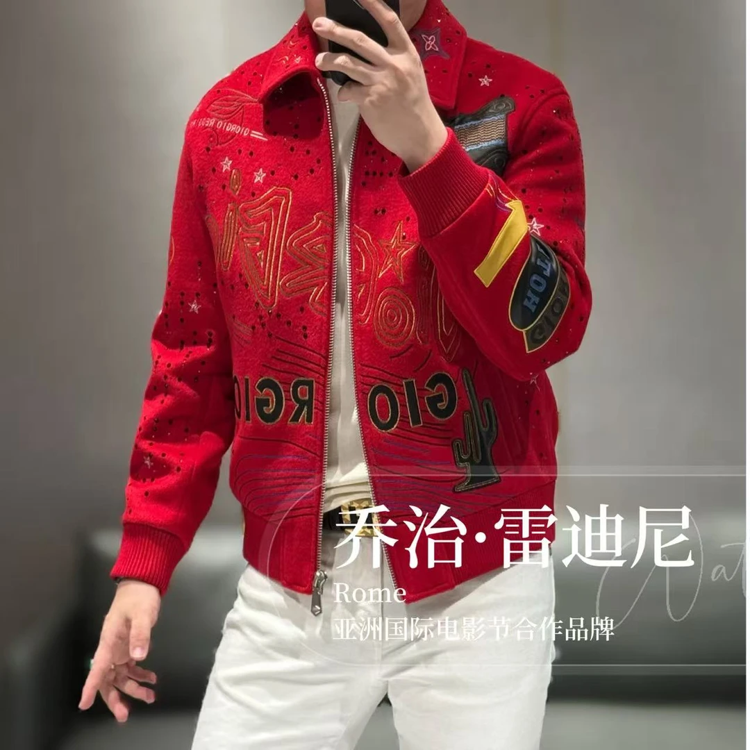 【乔治·雷迪尼】羊毛真皮拼接牛仔奇缘元素重工夹克7086