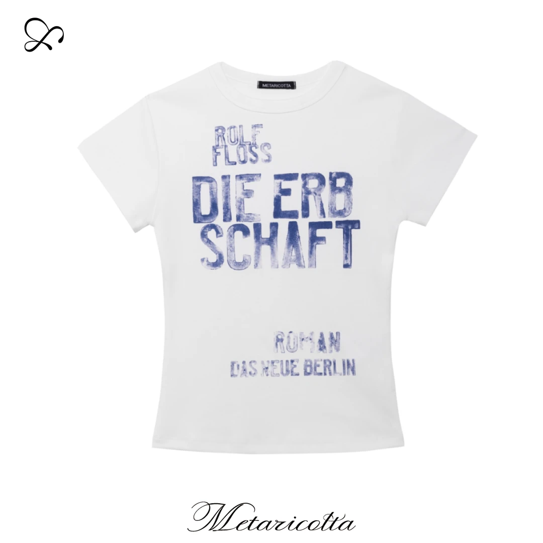 METARICOTTA蓝色字母高级感复古印花短袖美式辣妹休闲正肩显瘦T恤