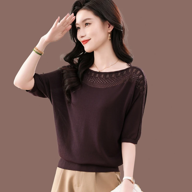 桑蚕丝蝙蝠衫t恤女冰丝针织上衣短款夏装新款一字领宽松短袖体恤