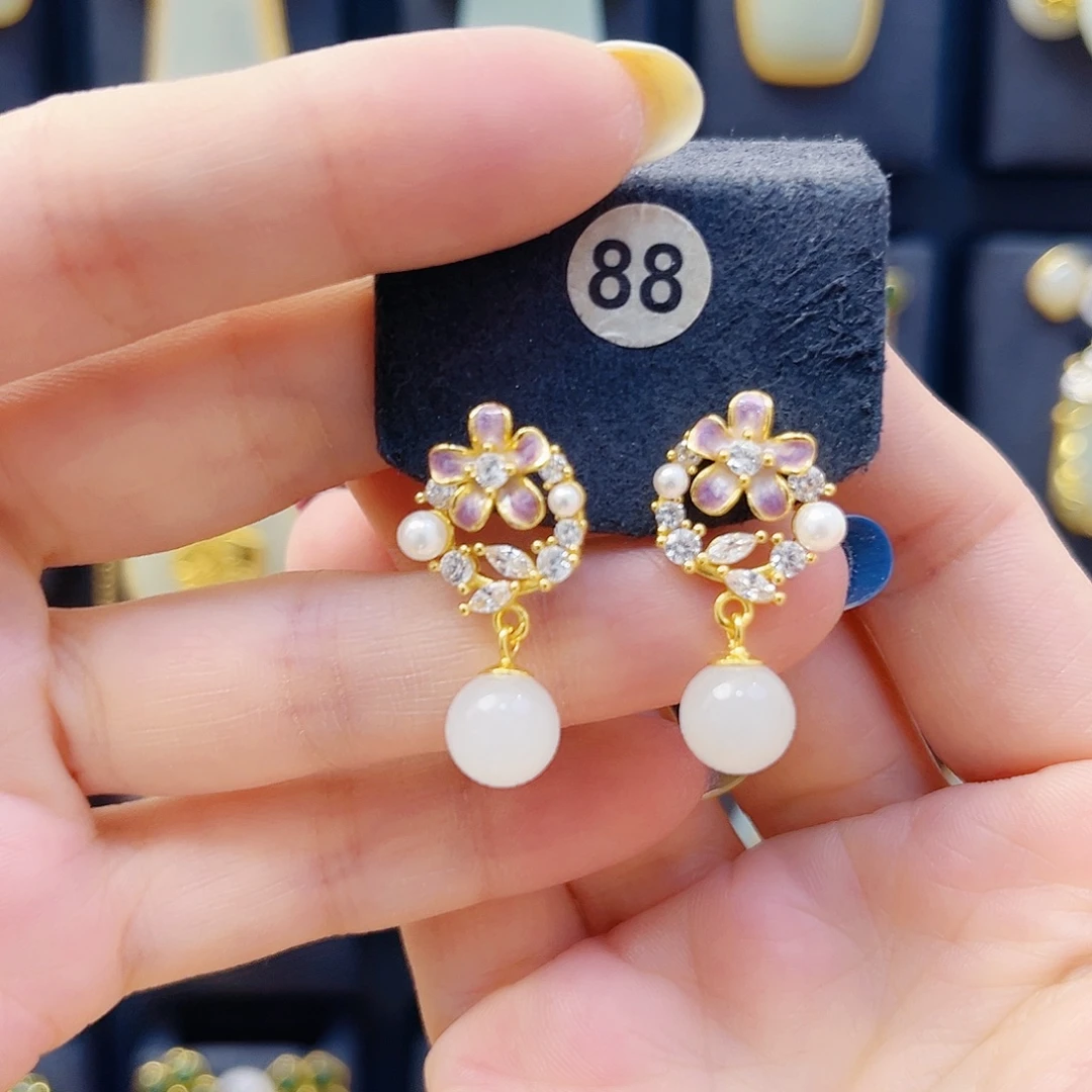 和田玉银S925镀金镶嵌耳饰