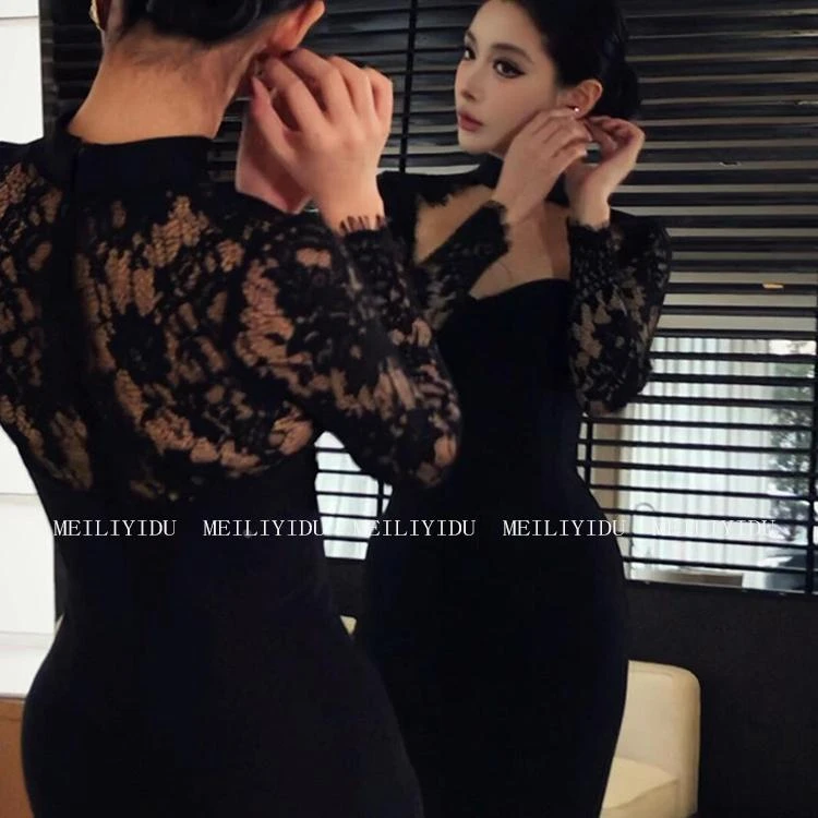 【万达撤柜】/定制 大码御姐风性感蕾丝长袖连衣裙高级感气质修身