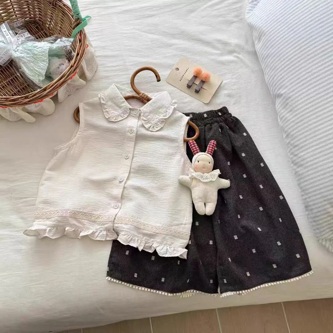 8607女童夏季背心套装新款无袖衬衫上衣宝宝洋气阔腿裤两件套