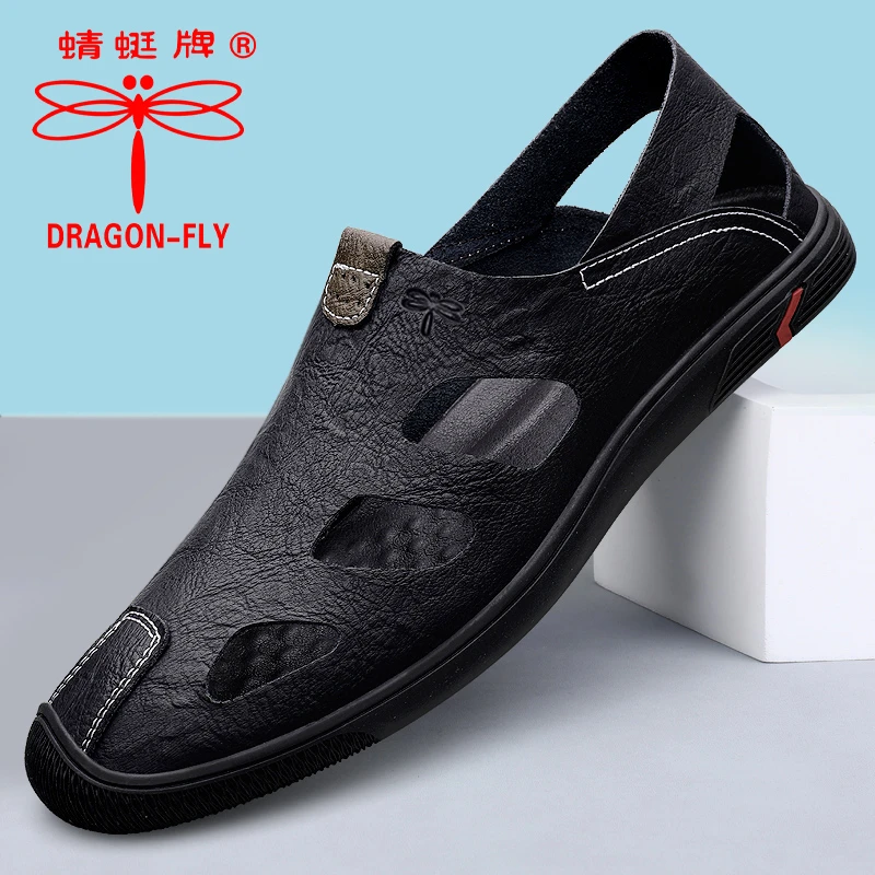 蜻蜓牌夏季新款真皮男士休闲皮凉鞋男款软皮软底镂空透气洞洞鞋子