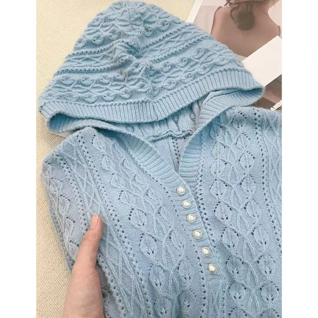 丽丽家~镂空帽衫蓝气质长袖百搭针织开衫