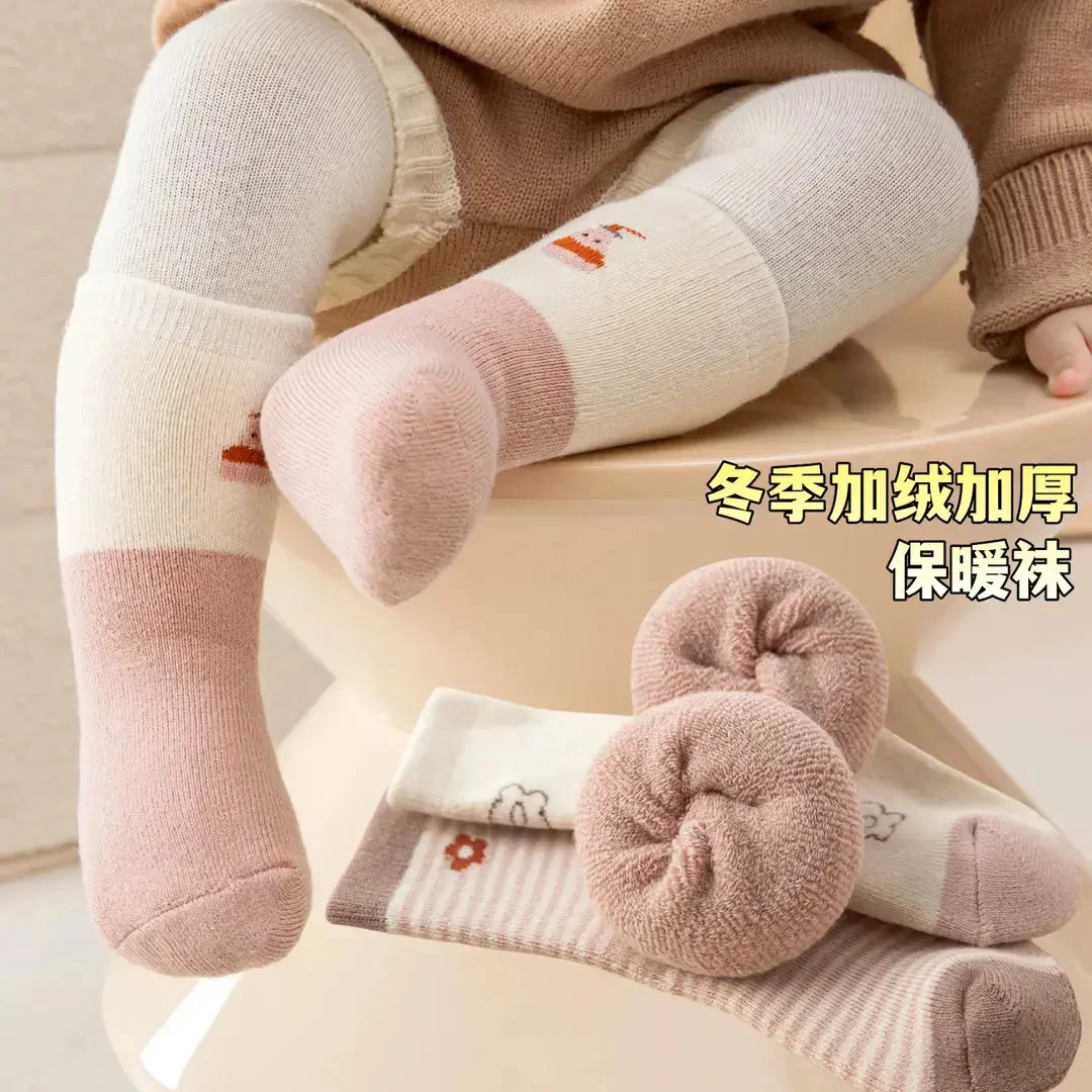 冬季婴儿袜子加绒加厚保暖地板袜宝宝3-6-12月过膝长袜新生长筒袜