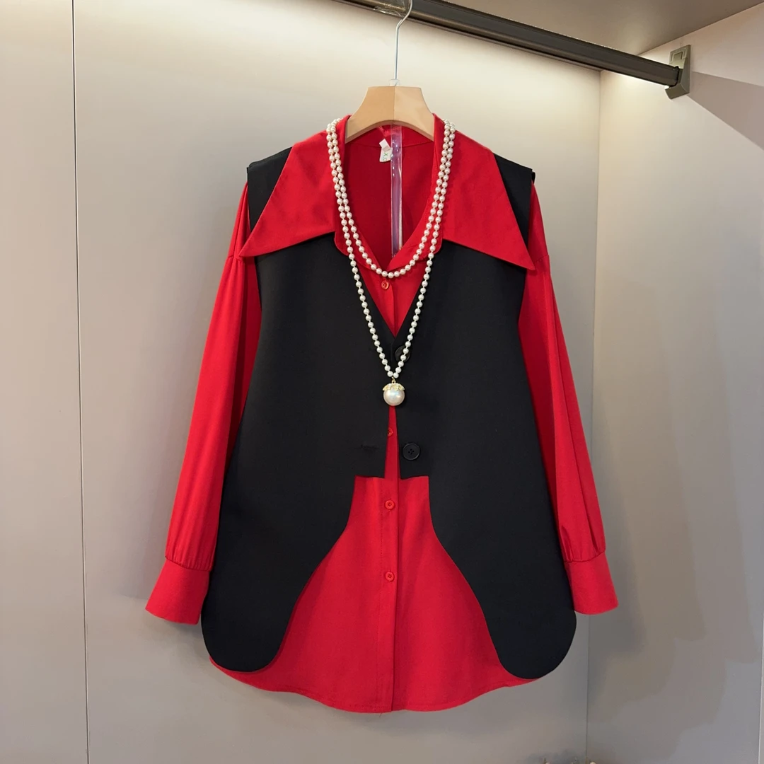 大码女装早春新款翻领内搭衬衫+设计感不规则马甲时尚上衣俩件套