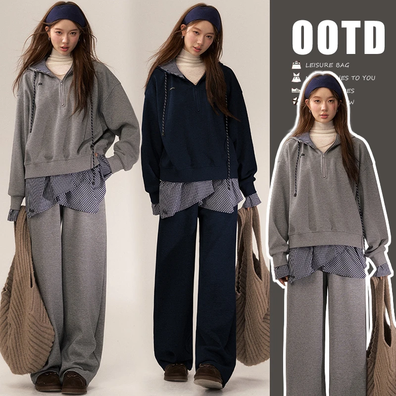 孕妇套装新款秋冬韩系拼接格纹假两件休闲百搭连衣帽卫衣卫裤套装