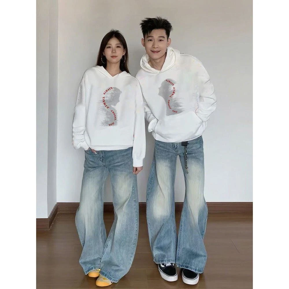 春秋季美式连帽山东即墨卫衣男女大码300斤情侣复古印花休闲上衣