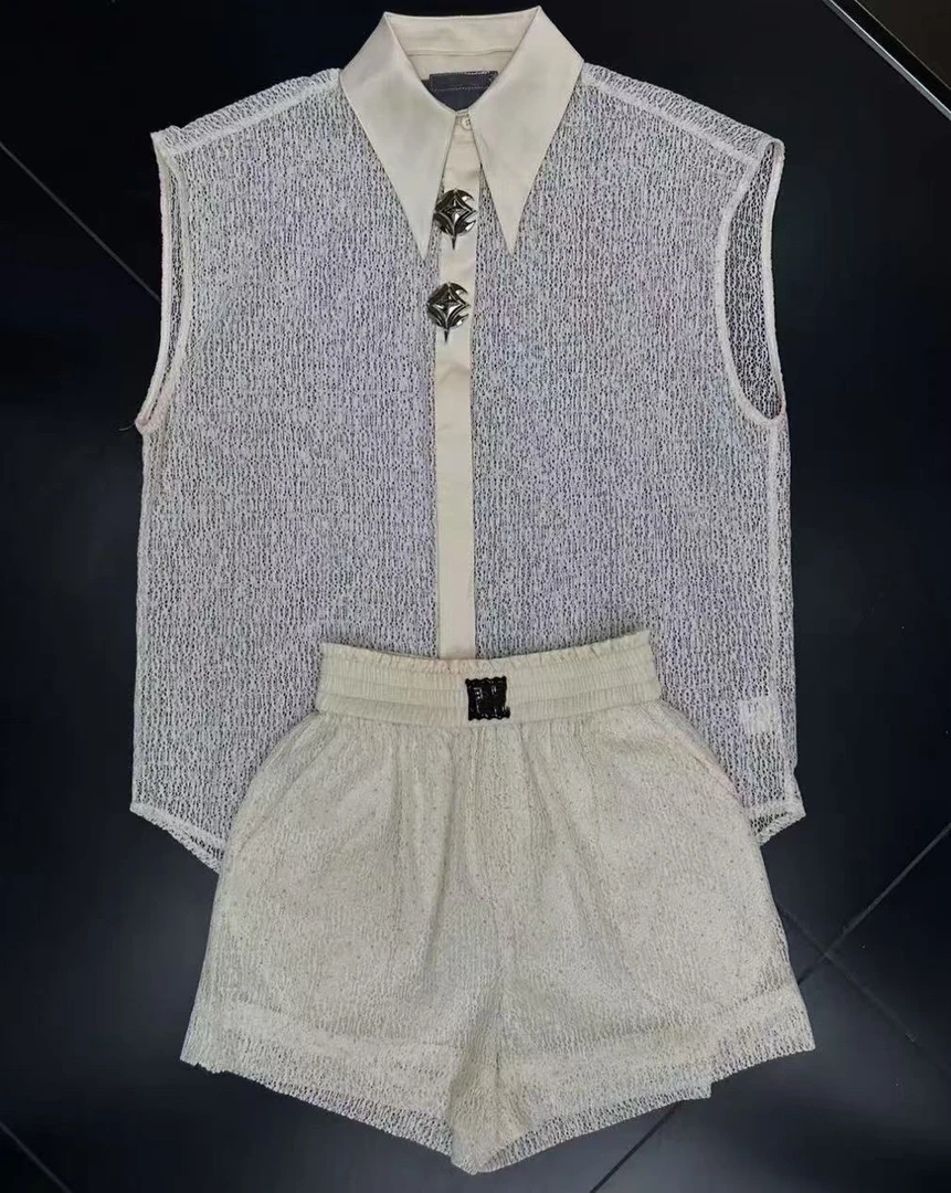 【BAI】时尚设计感镂空无袖衬衫短裤套装33016