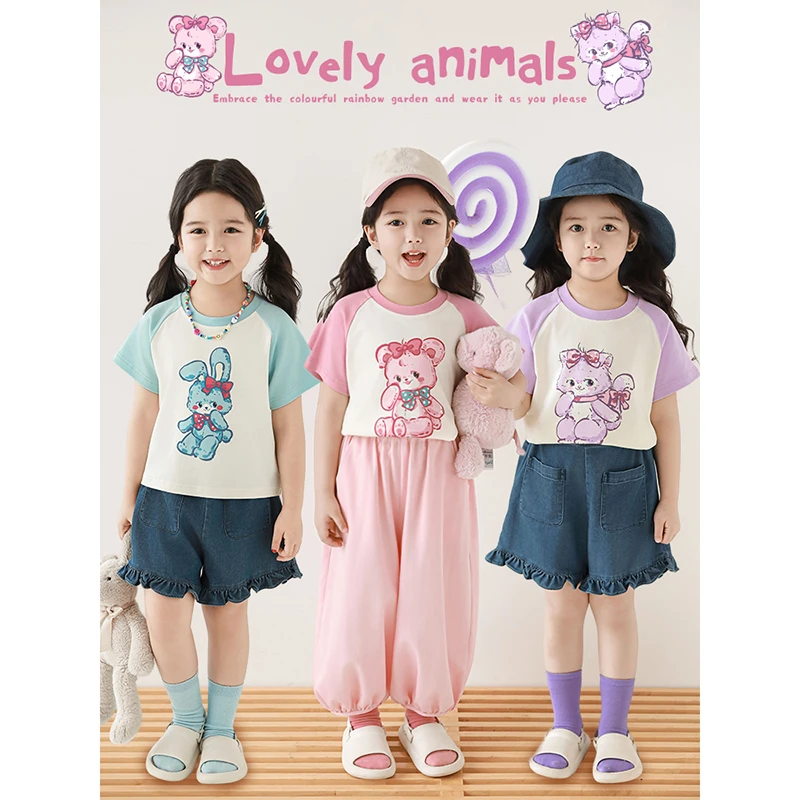 YOEHYAUL/幼悠【萌宠手绘】夏叁波女童三色卡通玩偶印花T恤潮 X4805