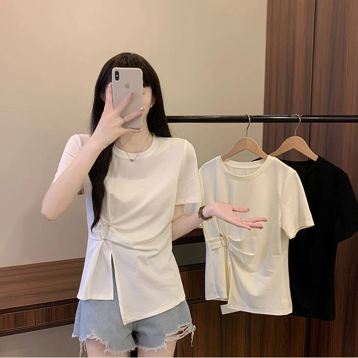 棉大码夏季新款正肩不规则短袖T恤女装宽松显瘦设计感开叉上衣ins