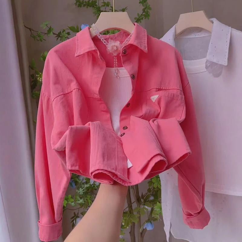 2025春秋季新款女士玫红色甜美减龄衬衫宽松休闲衬衣上衣短款外套