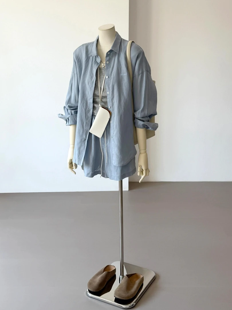 【雾都小镇】韩系时尚蓝色衬衫套装气质显瘦显白高级感灰色吊带女