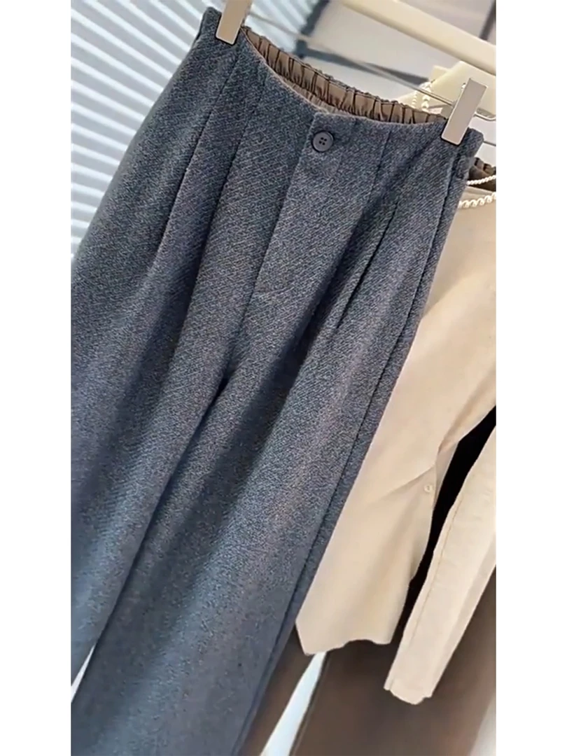欧货高端灰色压褶后松紧腰气质通勤毛呢西裤女2025新款显瘦阔腿裤