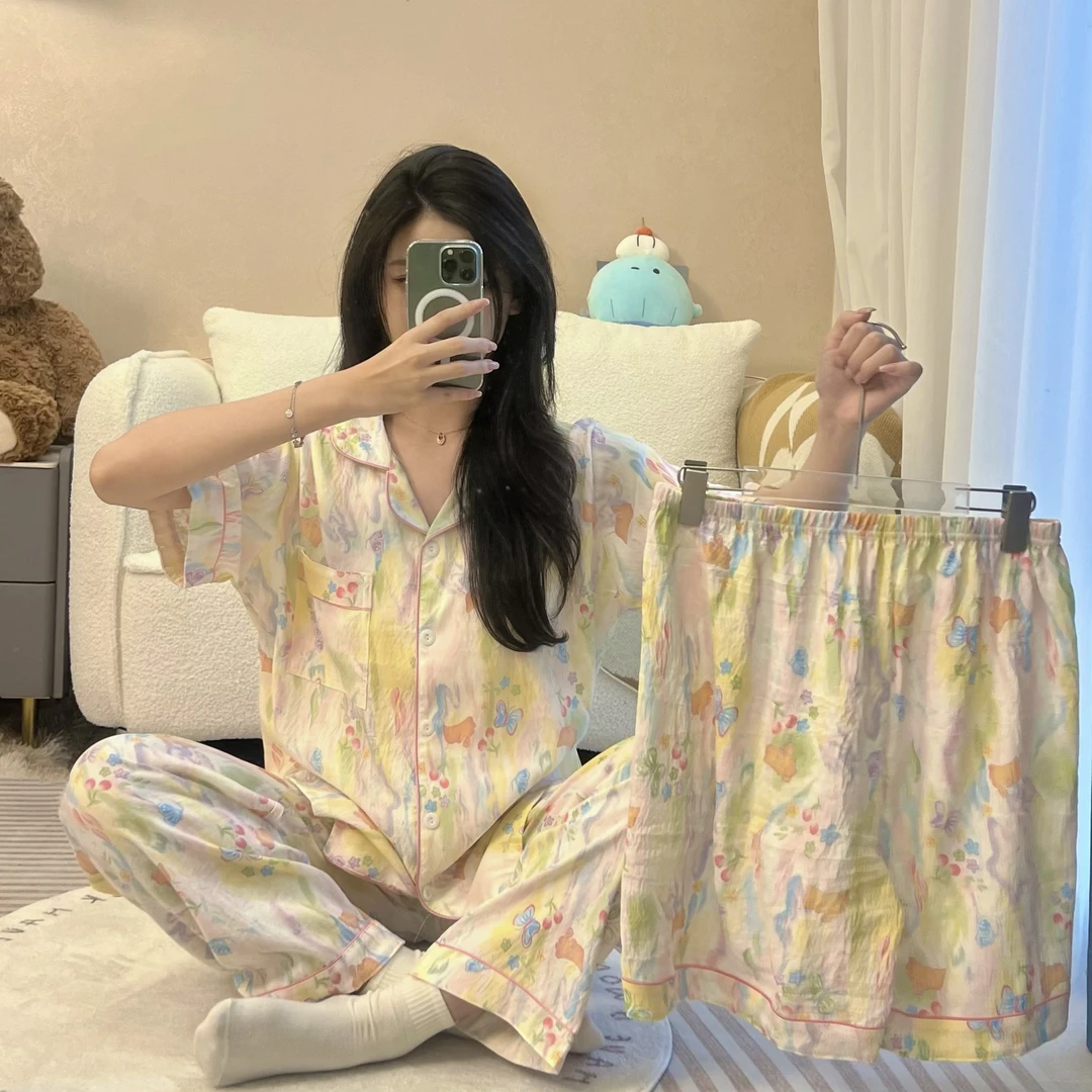 【梦幻花园】新款睡衣简约宽松夏季短袖短裤长裤家居服女韩版三件套