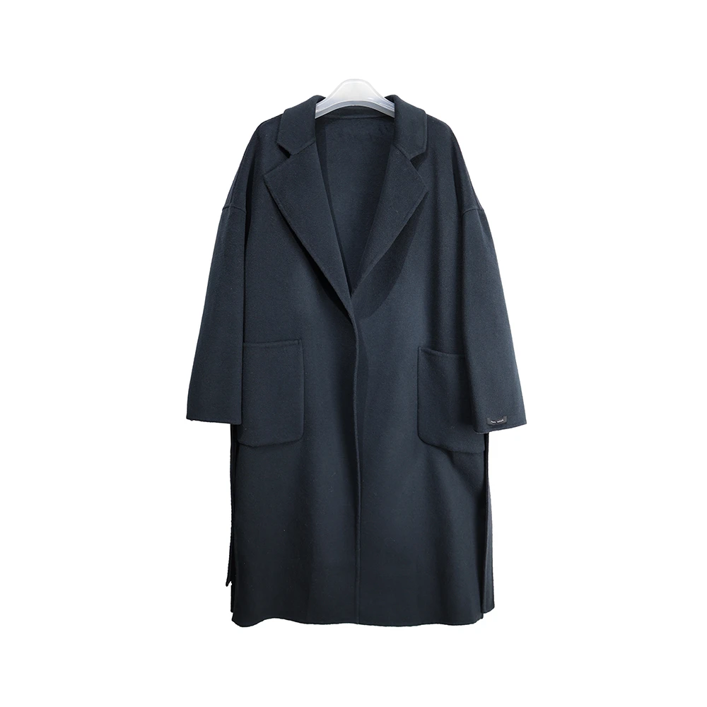 DY102【新款】高端赫本风藏蓝色长款气质百搭西装领浴袍款大衣3D