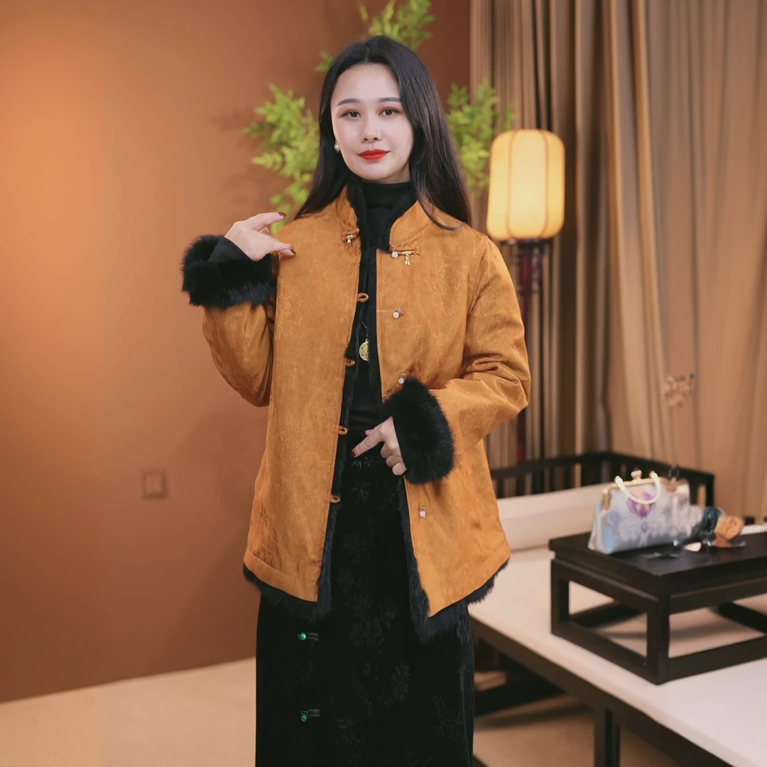 冬季新款2024皮毛一体国风富贵加厚双面双穿保暖气女外S023