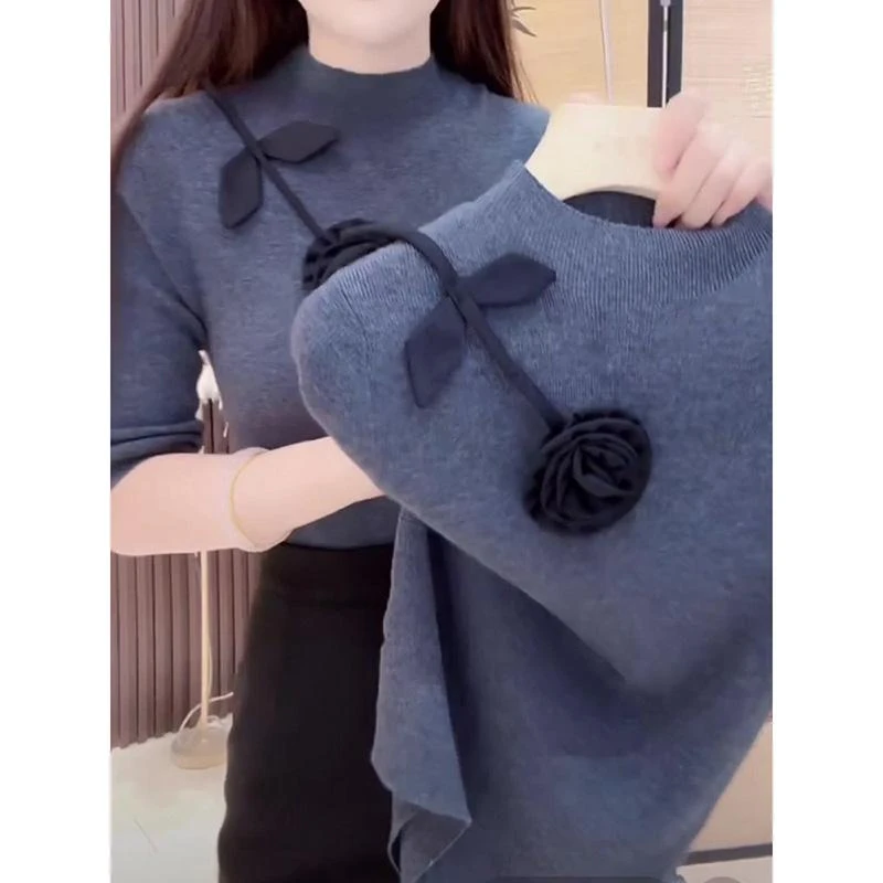 （中袖秋冬款）设计师针织花朵常规款女毛针织衫打底上衣7781#
